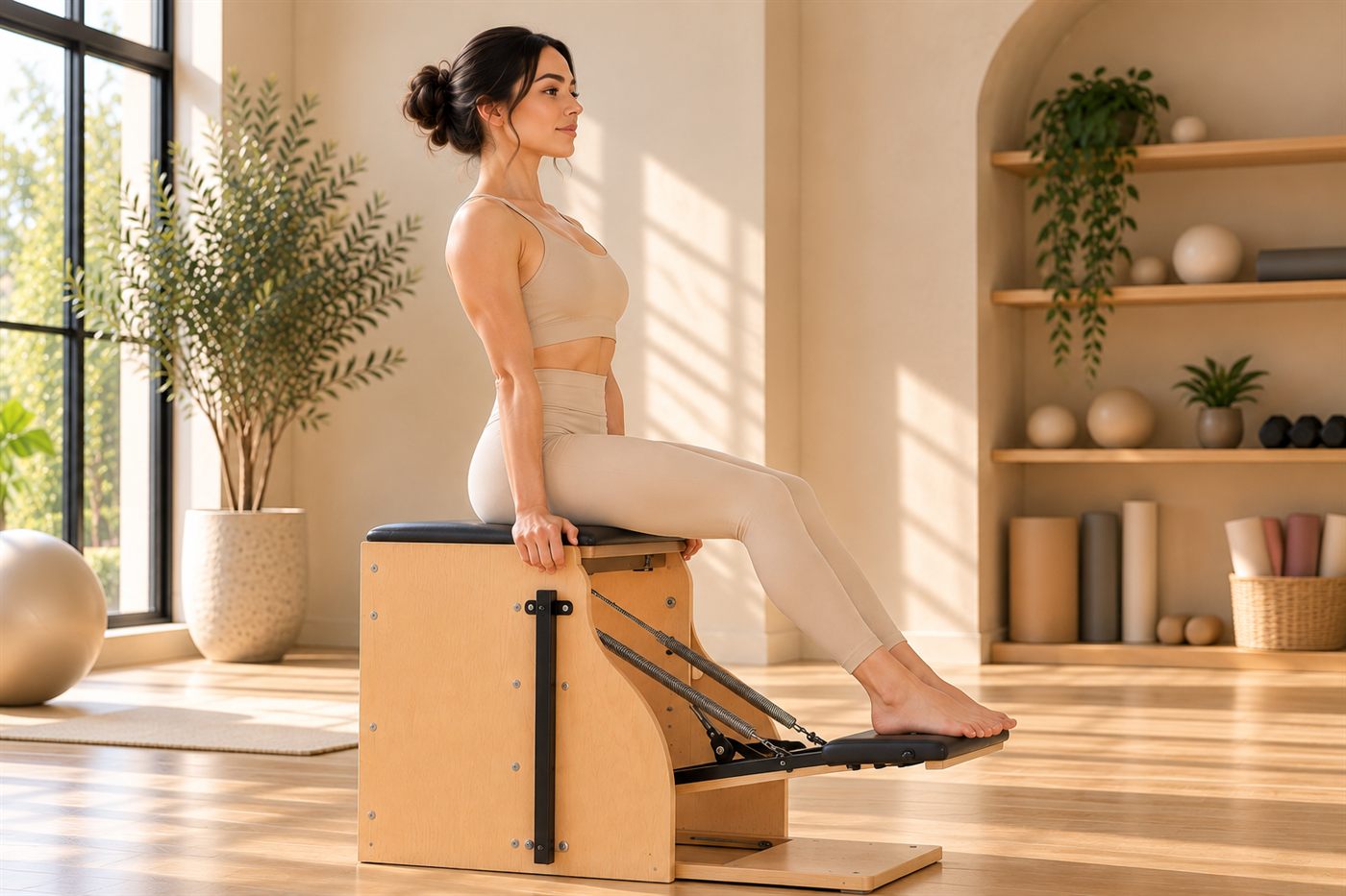A Pilates student working on a Wunda chair with a spring-loaded pedal